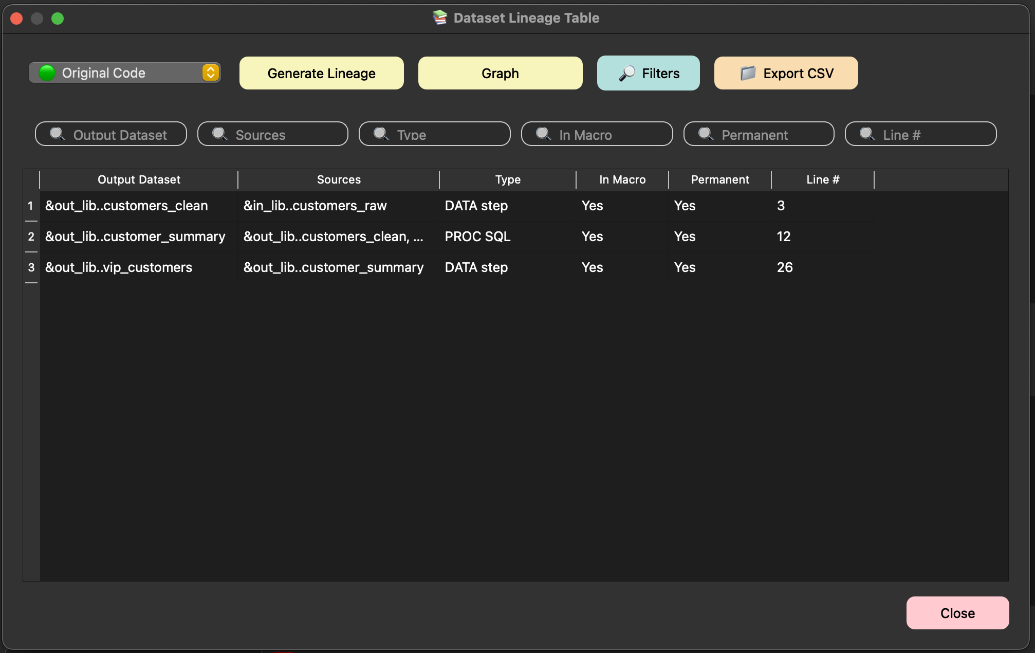 Dataset Lineage Table